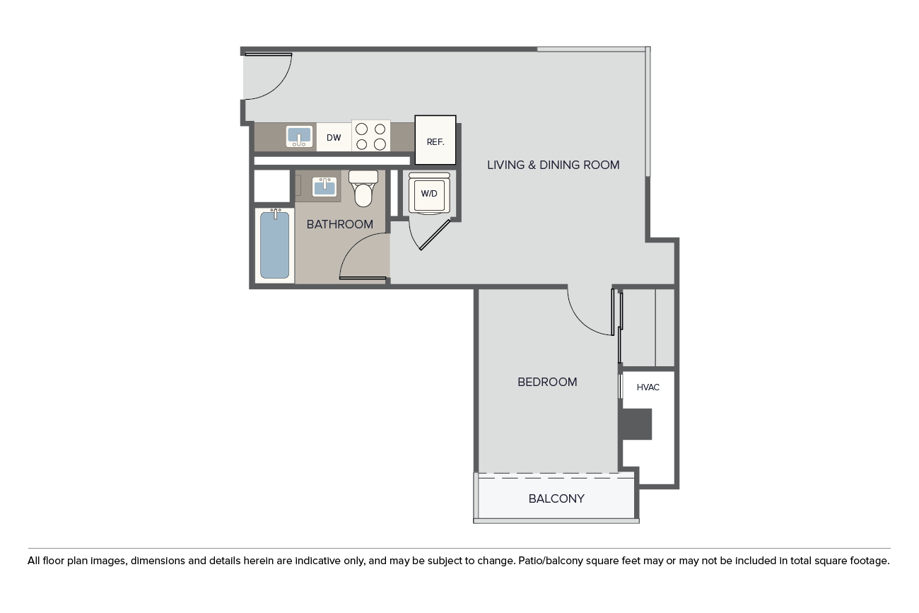 Floor plan for 1 bed, 1 bath, 663 sqft
